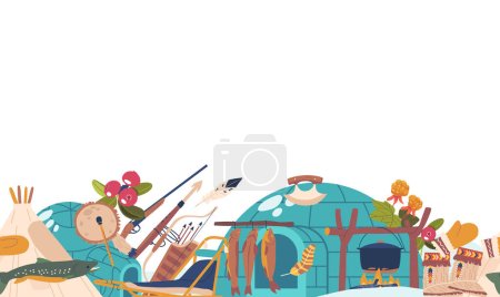 Illustration for Seamless Pattern with Inuit Items. Igloo, Gloves, Mukluks, Ulu, And Harpoon. Sled, Tambourine, Cauldron And Fish. Arrows, Feather And Berries. Arctic Cartoon Vector Horizontal Border, Wallpaper - Royalty Free Image