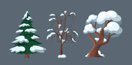 Vereinzelte schneebedeckte Bäume stehen stumm vor einer makellosen Winterkulisse, ihre Zweige schmücken sich mit lauschendem Frost und schaffen ein heiteres und bezauberndes Winterwunderland. Zeichentrickvektorillustration