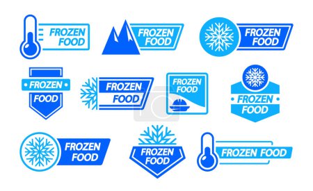 Téléchargez les illustrations : Ensemble d'étiquettes de produits congelés. Gardez les insignes congelés pour les paquets, le logo et les autocollants ornés de flocons de neige, de pierres et de thermomètres. Idéal pour le réfrigérateur et le congélateur de stockage. Refroidir dans les icônes vectorielles de style - en licence libre de droit
