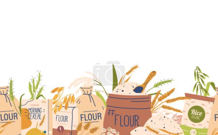 Illustration for Seamless Pattern Adorned With Cereal Products Like Grains, Oats, And Wheat, Creating A Delightful And Wholesome Design For Kitchen Textiles Or Packaging. Cartoon Vector Wallpaper, Horizontal Border - Royalty Free Image
