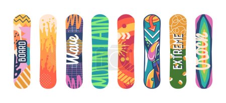 Tablas de snowboard elegantes y elegantes alineadas aisladas sobre fondo blanco, personificando el estilo y la aventura de los deportes de invierno. Tableros con estilo con decoración creativa y diseño. Ilustración de vectores de dibujos animados