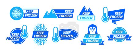 Illustration for Set Of Frozen Product Labels Featuring Keep Frozen Badges For Packages, Refrigerator And Freezer Storage. Frozen Food Stickers Or Tags With Snowflakes, Rocks, Penguin And Thermometers. Vector Icons - Royalty Free Image