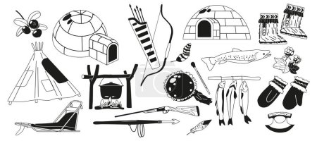 Ilustración de Conjunto de artículos inuit y herramientas tradicionales. Igloo blanco y negro, guantes, mukluks, ulu y arpón. Trineo, pandereta, caldero y pescado. Arco, flechas, plumas y bayas. Ilustración de vectores de dibujos animados - Imagen libre de derechos