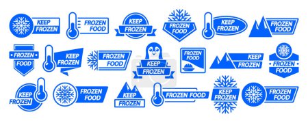 Ilustración de Colección de etiquetas de productos congelados, mantenga insignias congeladas para paquetes, logotipo de alimentos, pegatinas o etiquetas con copos de nieve, rocas, pingüinos y termómetros. Diseñado para refrigerador. Ilustración vectorial - Imagen libre de derechos