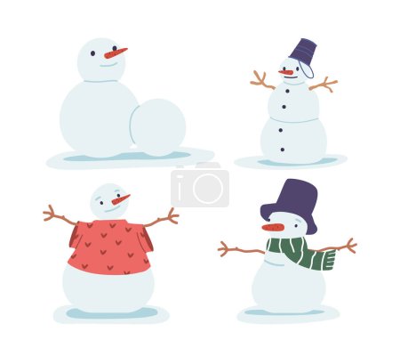 Ilustración de Conjunto de muñecos de nieve, Jolly, figuras heladas con manguitos de zanahoria y ojos de carbón, bufandas, cubos y ropa. Símbolos de alegría de invierno y alegría navideña en los días fríos de invierno. Ilustración de vectores de dibujos animados - Imagen libre de derechos
