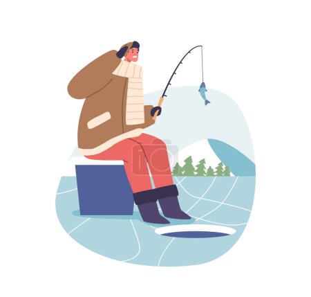 Téléchargez les illustrations : Personnage masculin sur la pêche sur glace. Man Braving Winter Icy Grip, groupé en couches, se trouve près d'un lac gelé avec des poissons sur tige, Respirer de l'air givré, Anticiper une prise froide. Illustration vectorielle des personnages de bande dessinée - en licence libre de droit