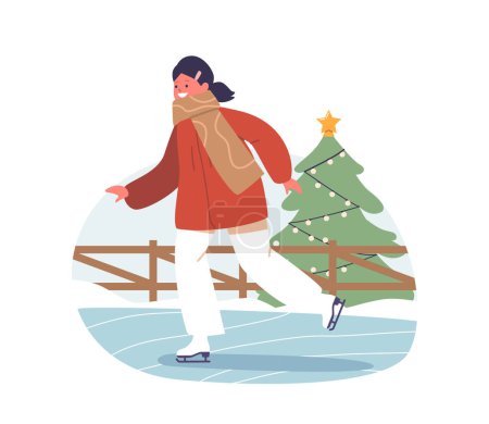 Illustration for Child Gracefully Glides Across The Glistening Ice Rink, her Rosy Cheeks Beaming With Joy. Little Girl Character Enjoying Skating on Smooth Frozen Surface at Winter. Cartoon People Vector Illustration - Royalty Free Image