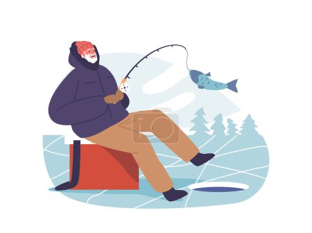 Ilustración de El personaje masculino principal, agrupado contra el frío, se sienta pacientemente en el lago congelado, sus manos resistidas agarrando una caña de pescar de hielo, esperando la captura del día. Dibujos animados Gente Vector Ilustración - Imagen libre de derechos