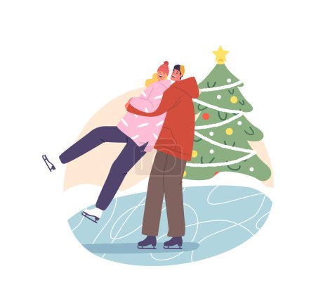 Téléchargez les illustrations : Couple glisse gracieusement et s'embrasse sur la patinoire d'hiver. Leurs rires se mêlent à l'air croustillant alors qu'ils créent un moment magique, tournoyant près de l'arbre décoré. Illustration vectorielle des personnages de bande dessinée - en licence libre de droit