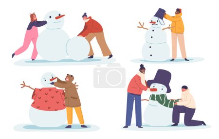 Téléchargez les illustrations : Enfants Artisanat joyeux bonhommes de neige avec nez de carotte et les yeux de charbon, leur rire résonne à travers le pays des merveilles d'hiver comme ils embrassent la magie d'une journée enneigée. Illustration vectorielle des personnages de bande dessinée - en licence libre de droit