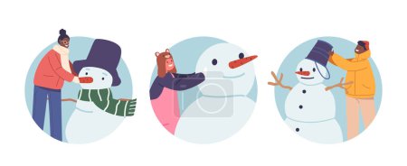 Illustration for Isolated Round Icons or Avatars of Kids Characters Joyfully Sculpt A Snowman of Snowy Spheres, Put Carrot Noses, And Button Eyes. Whimsical Scene Of Winter Wonder. Cartoon People Vector Illustration - Royalty Free Image