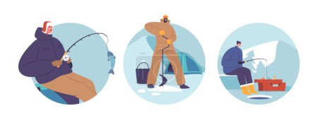 Illustration for Isolated Round Icons or Avatars with Characters Enjoying Ice Fishing, Winter Angling Adventure Where Anglers Drill Holes In Frozen Lakes, Waiting For Fish To Bite. Cartoon People Vector Illustration - Royalty Free Image