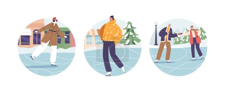 Illustration for Isolated Round Icons of Skater Characters On Ice, Effortlessly Cruising, Weaving And Spinning. People Enjoy The Cool Glide, Mastering The Art Of Balance And Motion. Cartoon Vector Illustration - Royalty Free Image