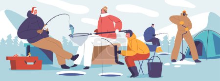 Illustration for Family Characters Braving The Winter Cold, Huddled Around A Frozen Lake, Laughter And Warmth Radiating From Their Ice Fishing Adventure, Creating Memories In The Chilly Season. Vector Illustration - Royalty Free Image