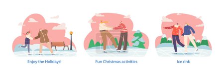 Illustration for Isolated Elements with Romantic Couple Characters Gliding Gracefully On A Glistening Ice Rink, Enjoying Holidays and Christmas Activities, Vacation or Winter Date. Cartoon People Vector Illustration - Royalty Free Image