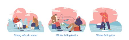 Illustration for Isolated Elements with Characters Fishing On Frozen Lake. They Drill Holes, Cast Lines, Drink Tea And Patiently Await Icy Adventures, Bonding Over Fish Tales And Frozen Landscape. Cartoon Vector Icons - Royalty Free Image