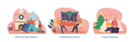 Illustration for Loving Couple Characters Celebrate Christmas at Home, Man and Woman Unwrap Gifts near the Fireplace, Enjoying Dinner Sitting at Table and Watching Movies on Laptop. Cartoon People Vector Illustration - Royalty Free Image