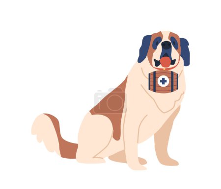 Illustration for Avalanche Rescue Saint Bernard Dog with Flask, Highly Trained Canine Hero, Expertly Skilled In Locating And Saving Lives Buried Beneath Snow During Avalanche Emergencies. Cartoon Vector Illustration - Royalty Free Image
