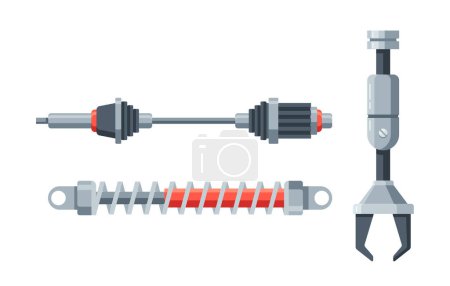 Illustration for Shock Absorbers Cushion Vibrations, Drive Systems Power Motion, And Manipulator Parts Enable Precise Control In Machines, Ensuring Smooth And Reliable Operation. Cartoon Vector Illustration - Royalty Free Image