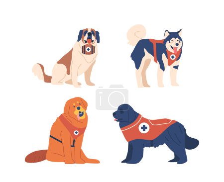 Illustration for Avalanche Rescue Dogs Are Highly Trained Canines Specialized In Locating And Rescuing Victims. Their Keen Senses And Agility Are Vital In Saving Lives In Snowy Emergencies. Cartoon Vector Illustration - Royalty Free Image