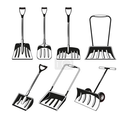 Illustration for Black and White Snowplow Shovels Icons Set. Tools Designed To Conquer Winter White Blanket. These Reliable Companions Easily Clear Driveways And Walkways at Snowy Day. Monochrome Vector Illustration - Royalty Free Image