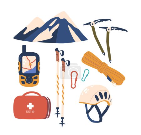 Illustration for Alpinist Equipment Ice Axes, Ropes, Carabiners, Helmet, Gps Trekker, And First Aid Kit, Essential Gear For Climbers Tackling High-altitude, Icy Terrains and Rock Peaks. Cartoon Vector Illustration - Royalty Free Image