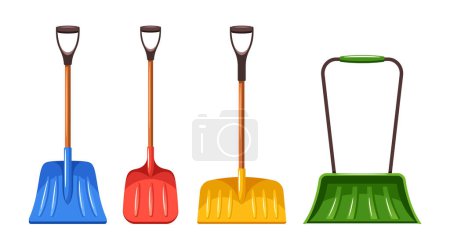 Illustration for Set Snowplow Shovels. Isolated Sturdy Tools Effortlessly Clear Snow And Ice, Making Driveway Safe And Hassle-free During The Chilly Season. Plastic Spades with Blades and Handles. Vector Illustration - Royalty Free Image