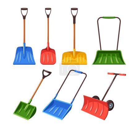 Illustration for Snowplow Shovels Set, Sturdy, Efficient Tools Designed To Conquer Winter White Blanket. These Reliable Companions Easily Clear Driveways And Walkways at Snowy Day. Cartoon Vector Illustration - Royalty Free Image