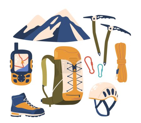 Ilustración de El equipo alpinista abarca elementos esenciales de escalada, ejes de hielo, arneses, cuerdas, mosquetones y casco, mochila, caminante de gps y botas para desafiar el terreno de montaña. Ilustración de vectores de dibujos animados - Imagen libre de derechos