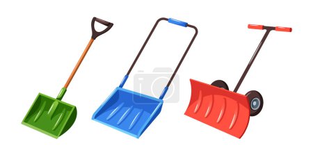 Illustration for Snowplow Shovels Set, Sturdy Tools Designed For Efficient Snow Removal. With Durable Blades, Wheels And Ergonomic Handles, These Shovels Make Clearing Process Easy. Cartoon Vector Illustration - Royalty Free Image