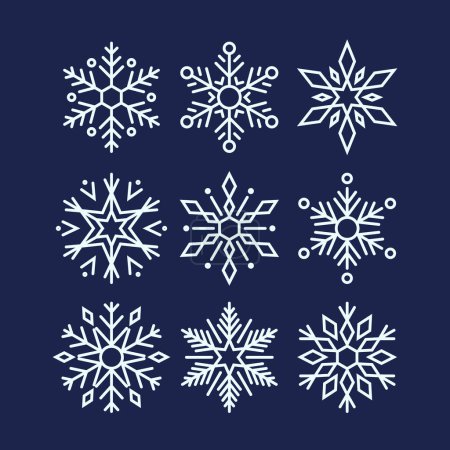 Illustration for Geometric Snowflakes Set. Intricate Ice Crystals, Each With A Unique Hexagonal Structure. Their Symmetrical Patterns Showcase Artistry of Nature In Frozen Form. Cartoon Vector Illustration - Royalty Free Image