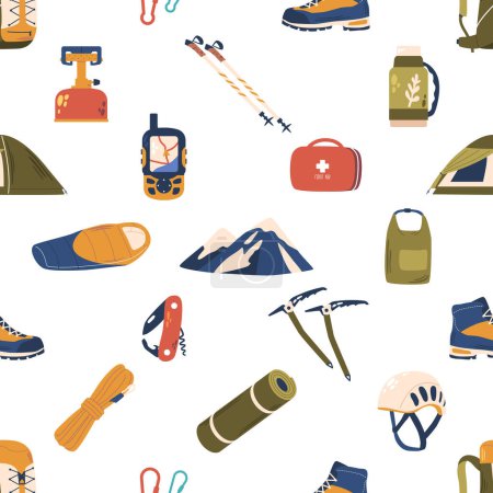 Illustration for Seamless Pattern Featuring Alpinist Equipment. Ropes, Carabiners, Ice Axes, And Crampons. Ideal For Adventure Enthusiasts, Vector Tile Design Evokes The Thrill Of Mountain Climbing And Exploration - Royalty Free Image