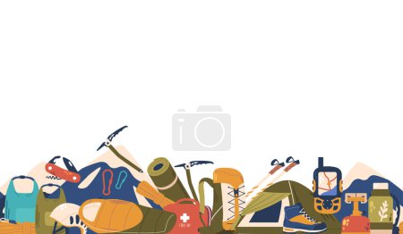 Illustration for Seamless Pattern Featuring Alpinist Equipment. From Climbing Ropes To Carabiners, This Design Captures The Essence Of Adventure In Stylish And Rugged Motif. Cartoon Vector Horizontal Wallpaper, Border - Royalty Free Image