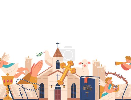 Illustration for Seamless Pattern Featuring Christian Attributes. Crosses, Doves, Bibles, And Church Building, Creating A Reverent And Ornate Design For Religious Decor. Cartoon Vector Horizontal Wallpaper Or Border - Royalty Free Image
