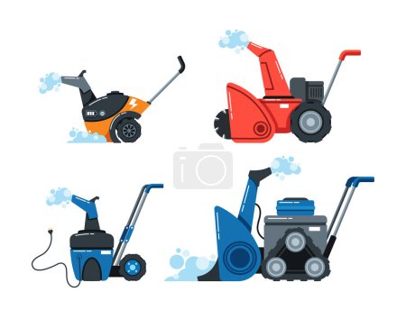 Illustration for Set of Snowplow Vehicles Used To Clear Snow From Roads And Other Surfaces, Equipped With A Large Snowplow Blade That Is Used To Push Snow To The Side Of The Road. Cartoon Vector Illustration - Royalty Free Image