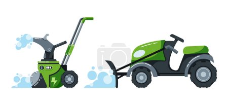 Illustration for Snowplow Machines Are Heavy-duty Vehicles Equipped With Blades Or Rotary Attachments To Remove Snow And Ice From Roads, Ensuring Safe And Clear Winter Transportation. Cartoon Vector Illustration - Royalty Free Image