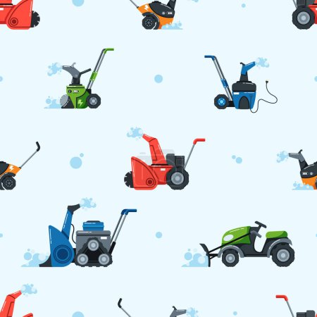 Illustration for Seamless Patterns with Snowplow Machines Clearing Winter Paths, Creating A Symphony Of Snowy Beauty And Efficient Snow Management. Cartoon Vector Illustration, Tile Background, Wallpaper Design - Royalty Free Image