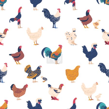 Illustration for Charming Seamless Pattern Featuring Whimsical Chickens And Proud Roosters of Different Breeds. Tile Background Perfect For Adding A Touch Of Rustic Charm To Designs. Cartoon Vector Illustration - Royalty Free Image