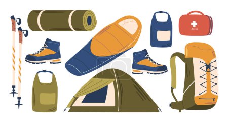 Illustration for Alpinist Equipment Set. Tent, Sleeping Bag, Backpack, First Aid Kit, Mat, Sticks and And Specialized Boots. Essential Tools Ensure Safety While Conquering Alpine Terrain. Cartoon Vector Illustration - Royalty Free Image