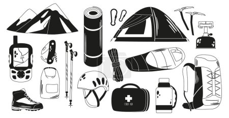 Illustration for Black and White Alpinist Equipment Icons Set, Ice Axes, Crampons, Ropes, Harnesses, Carabiners, And High-quality Clothing. Tent, Helmet, Boots, Knife and Sleeping Bag. Monochrome Vector Illustration - Royalty Free Image