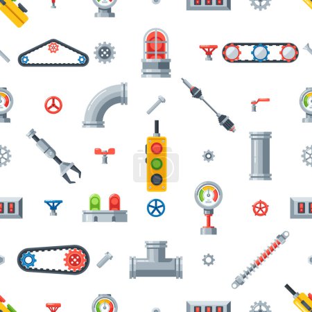 Illustration for Seamless Pattern with Machine Parts Creating A Mesmerizing Mechanical Tapestry. Ideal For Industrial-themed Designs, Bringing Precision And Complexity To Projects. Cartoon Vector Illustration - Royalty Free Image