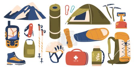 Illustration for Alpinist Equipment Set, Essential Gear For Conquering Mountains. Ice Axes, Crampons, Ropes, Harnesses, Carabiners, And High-quality Clothing To Brave Extreme Altitudes. Cartoon Vector Illustration - Royalty Free Image