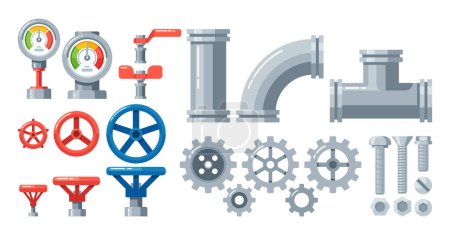 Illustration for Machine Parts Pipeline Manometer, Metal Pipes, Valves, Gears, Bolts and Nuts. Essential Components For Industrial Precision, Ensuring Optimal Performance And Reliability. Cartoon Vector Illustration - Royalty Free Image