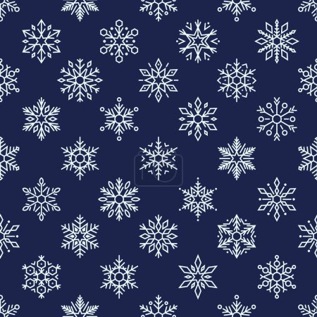 Illustration for Seamless Winter Pattern , A Delicate Flurry Of Intricate Snowflakes Dances Across A Blue Background, Creating A Mesmerizing And Timeless Wonderland Tile Perfect For The Season. Vector Illustration - Royalty Free Image