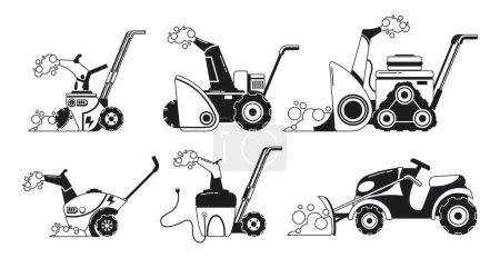 Illustration for Set of Black and White Snow Plow Vehicles Equipped With Snowplows To Clear Roads, Driveways, And Sidewalks During Winter. Machines Efficiently Remove Snow. Isolated Monochrome Vector Illustration - Royalty Free Image