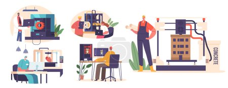 Illustration for Characters Use 3d Printing Innovative Technology Creating Three-dimensional Objects From Digital Designs Enabling Manufacturing, Prototyping, Healthcare Application. Cartoon People Vector Illustration - Royalty Free Image