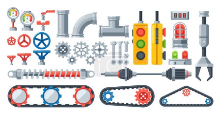 Illustration for Machine Parts Chain Drive, Pipeline Manometer, Shock Absorbers, Metal Pipes, Manipulator, Valves, Gears, Bolts, Nuts Components That Enable Mechanical Devices To Function. Cartoon Vector Illustration - Royalty Free Image