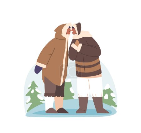 Illustration for Eskimo Tradition Scene, Inuit Characters Greeting With A Friendly Nose-to-nose Touch. A Warm Gesture In The Cold Arctic, Expressing Connection And Camaraderie. Cartoon People Vector Illustration - Royalty Free Image