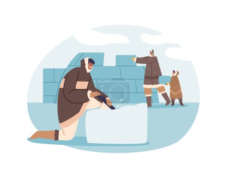 Illustration for Eskimo Characters Skillfully Construct Igloos, Using Snow Blocks, To Create Shelter In The Harsh Arctic Conditions, Showcasing Their Ingenuity To The Environment. Cartoon People Vector Illustration - Royalty Free Image