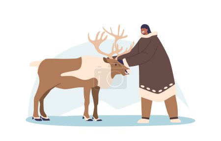Illustration for Eskimo Female Character Gently Caresses A Deer, Forming A Harmonious Connection With Nature, Showcasing A Deep Bond Between Humanity And The Animal World. Cartoon People Vector Illustration - Royalty Free Image